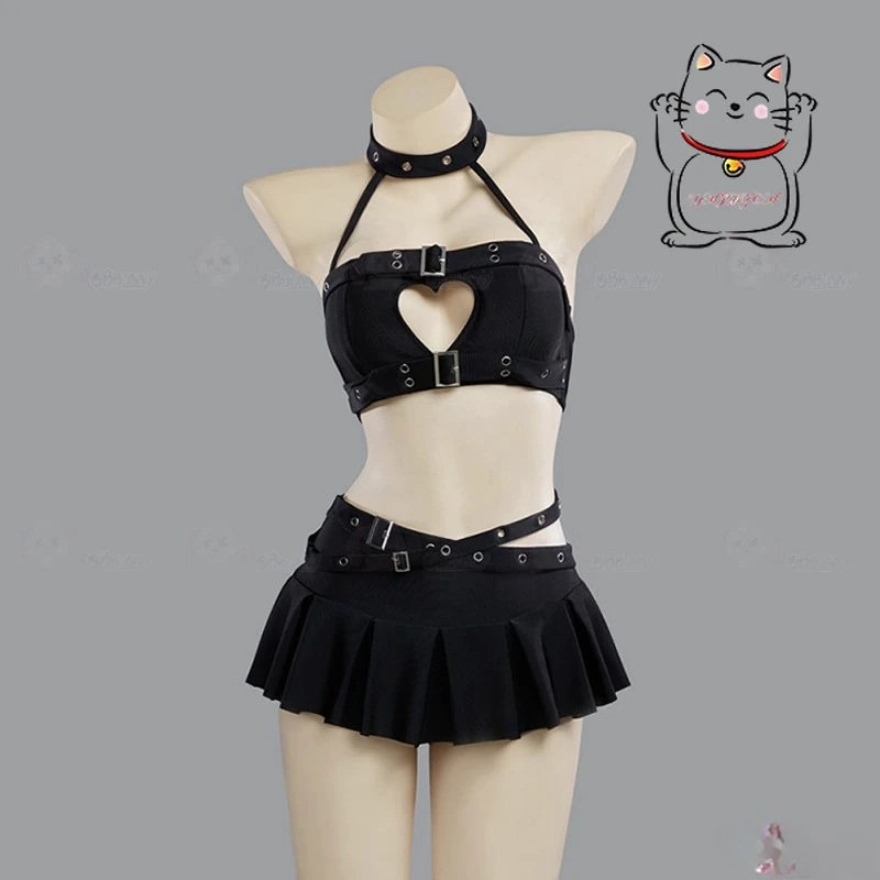 Traje de baño gótico de Anime y2k con cuello hueco en forma de corazón, falda de playa punk, traje de baño para tomar el sol