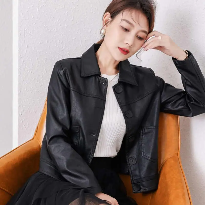 Short Leather Jacket Women 2023 New Autumn Top Leather Jacket Pockets Chic Vintage New Outerwears Jaqueta De Couro Feminina