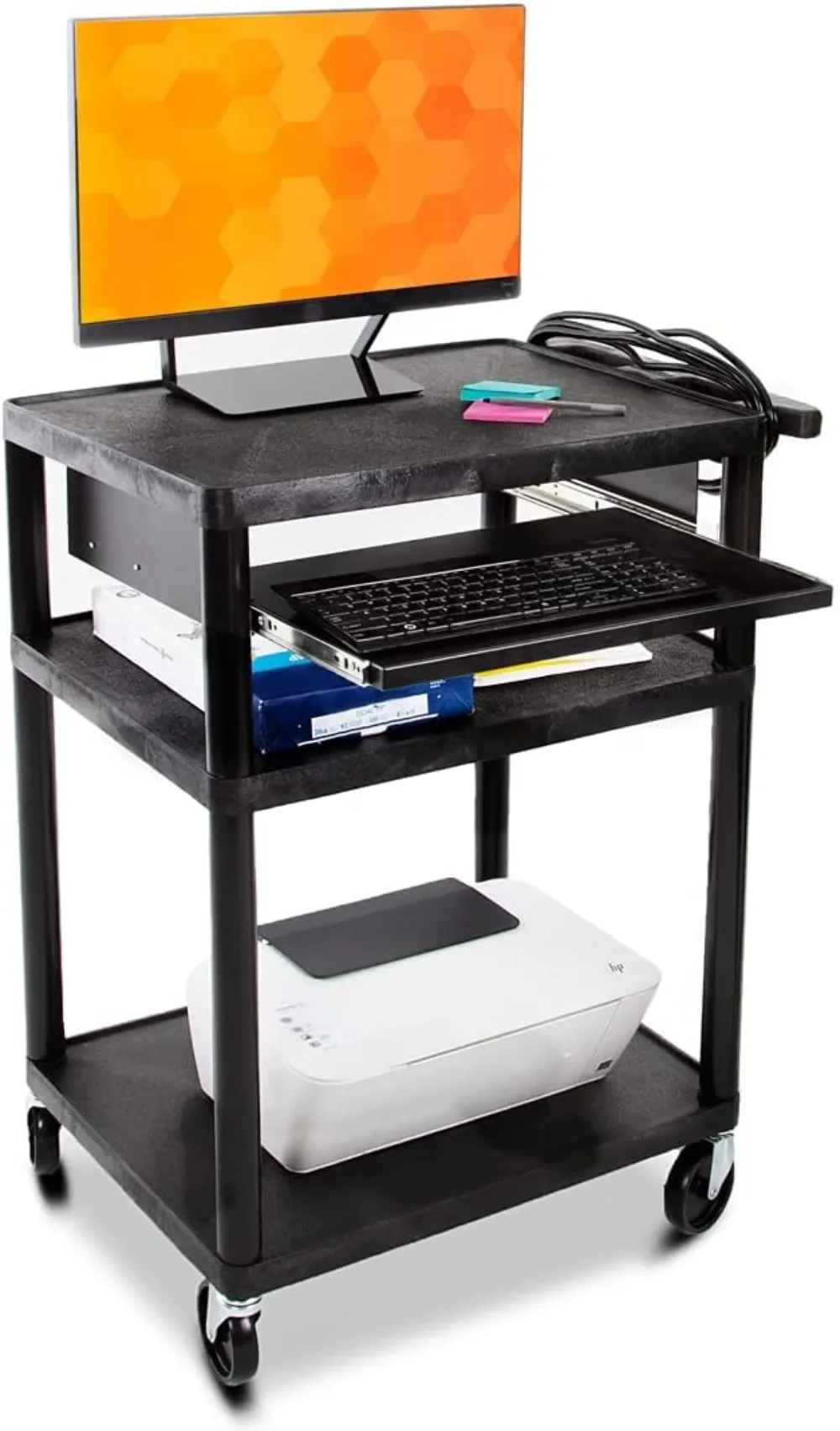 

Plastic AV Cart with Keyboard Tray, Mobile Workstation with Storage For Offices Schools, Rolling 4 Casters, 2 Locking Brakes