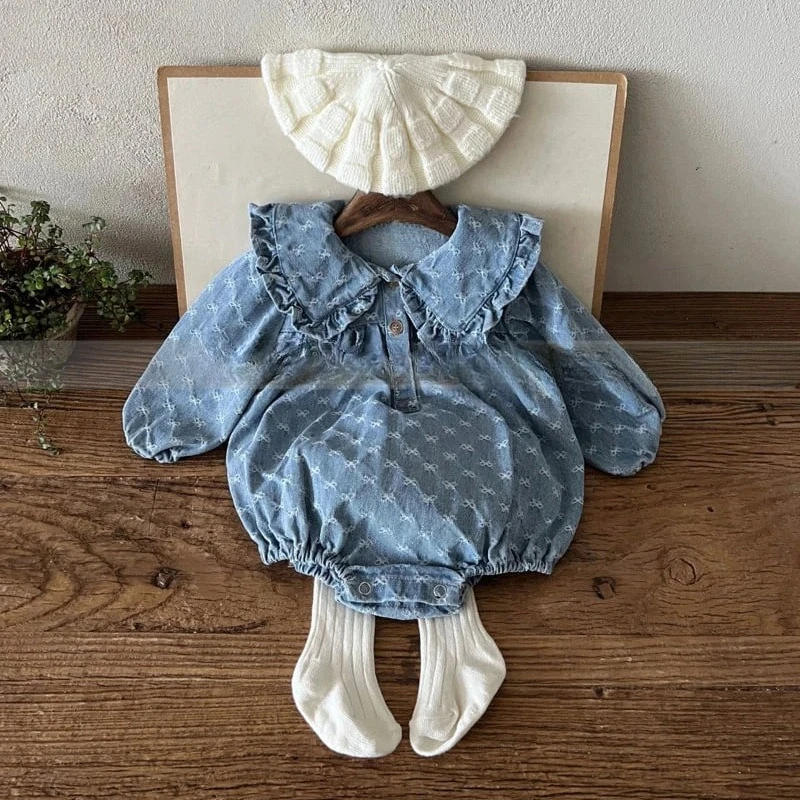 Baby Girls Denim Jumpsuit New Spring Autumn Bow Print Lace Lapel Korean Style Short Bodysuit 2025