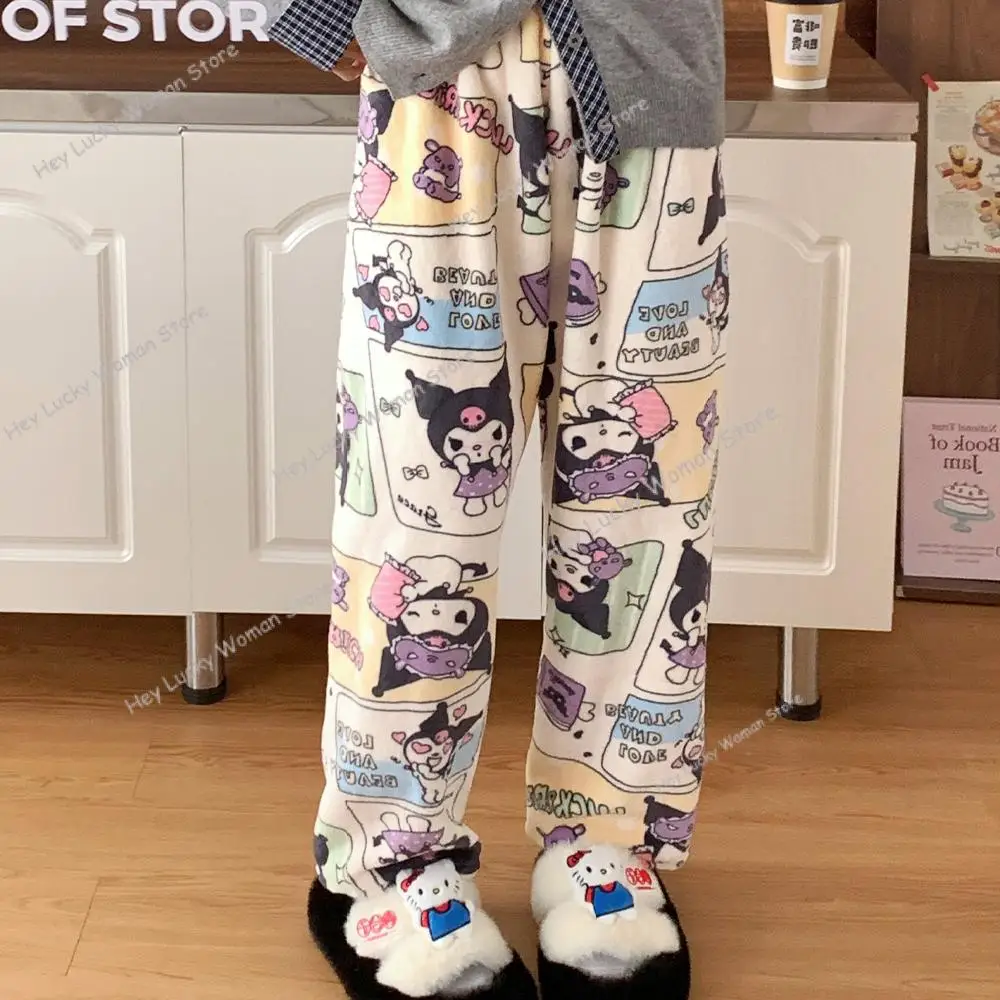 Cartoon Sanrio Hello Kitty Pajamas Flannel Fashion Trousers Kawaii Women Casual Plush Home Pants Cartoon Warm Comfortable Pants