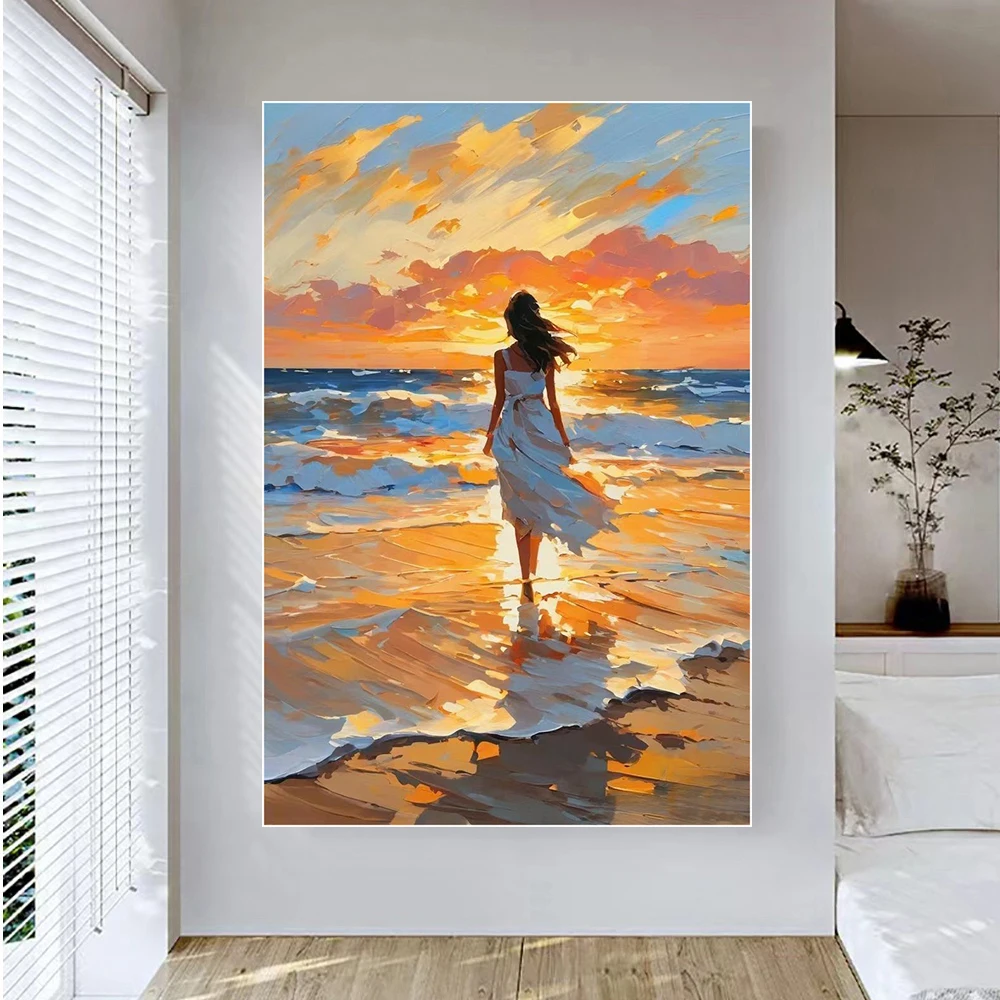 

Abstract Painting Of Characters, Canvas Wall Art The Girl By The Seaside Under The Sunset Art Wall Painting For Home DecorAbstra