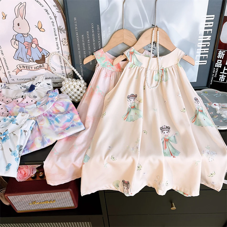 

Children's Floral Neck Hanging Vest Skirt Girl's Sleeveless Dresses 2025 New Kids Cartoon Jacquard O-neck Princess Summer Dress