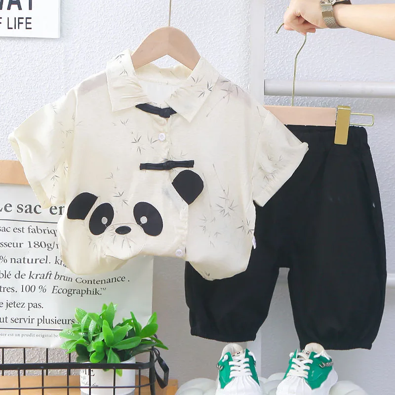 

2Piece Sets 2025 Summer Baby Boy Clothes Korean Casual Cartoon Cute Panda Short Sleeve Tops+Pants Boutique Kids Clothing B133