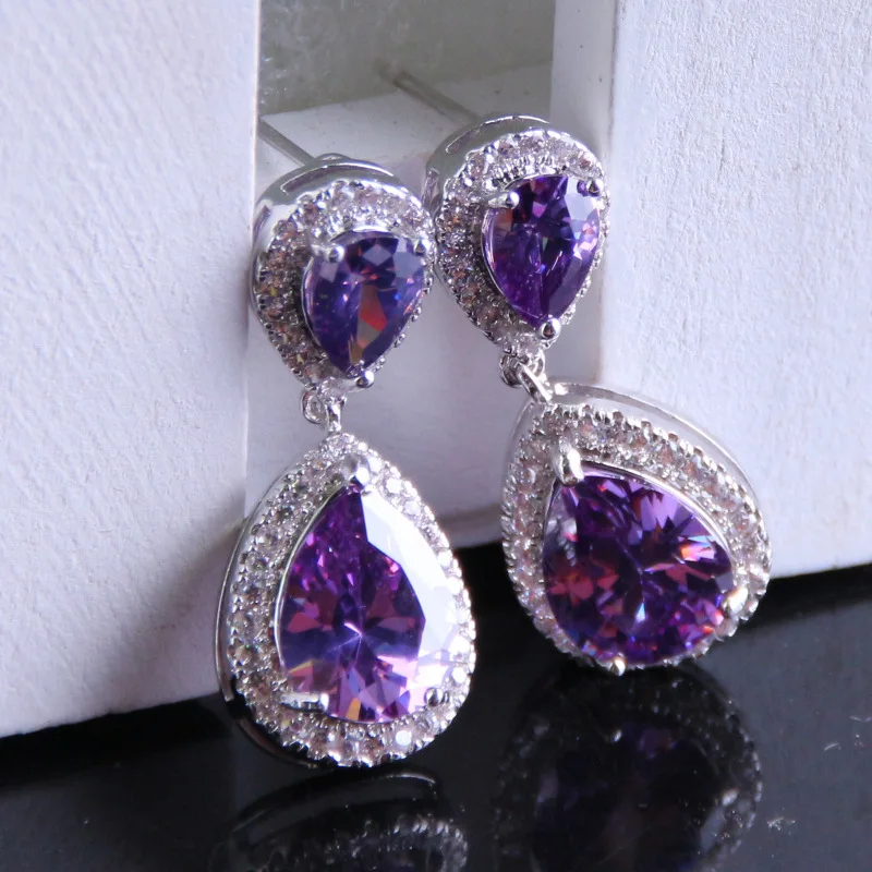 Buyee 925 Sterling Silver Luxury Big Earring Light Purple Crystal Long Earring for Woman Fashion Wedding Fine Jewelry Earring