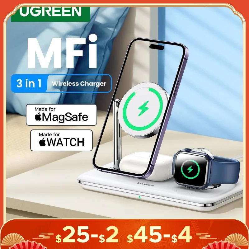 【Vendita KR】UGREEN MFi per Magsafe 25W Supporto per caricabatterie wireless 15W Stazione di ricarica 3 in 1 per iPhone 15 16 Pro Max per Apple Watch