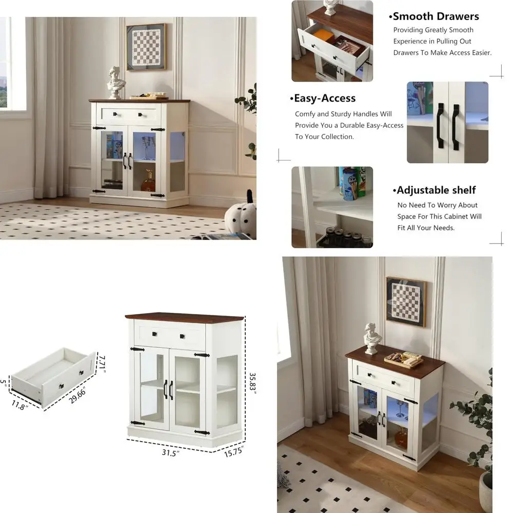 Modern 31.5 Small Buffet Cabinet with Storage, Glass Door Sideboard, Drawer, Coffee Bar Cabinet