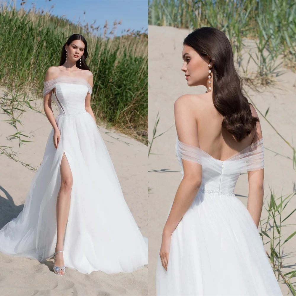 맞춤형 고품질 화이트 오간자 웨딩 드레스 기질 보트넥 오프숄더 짧은 소매 백리스 브라이덜 가운