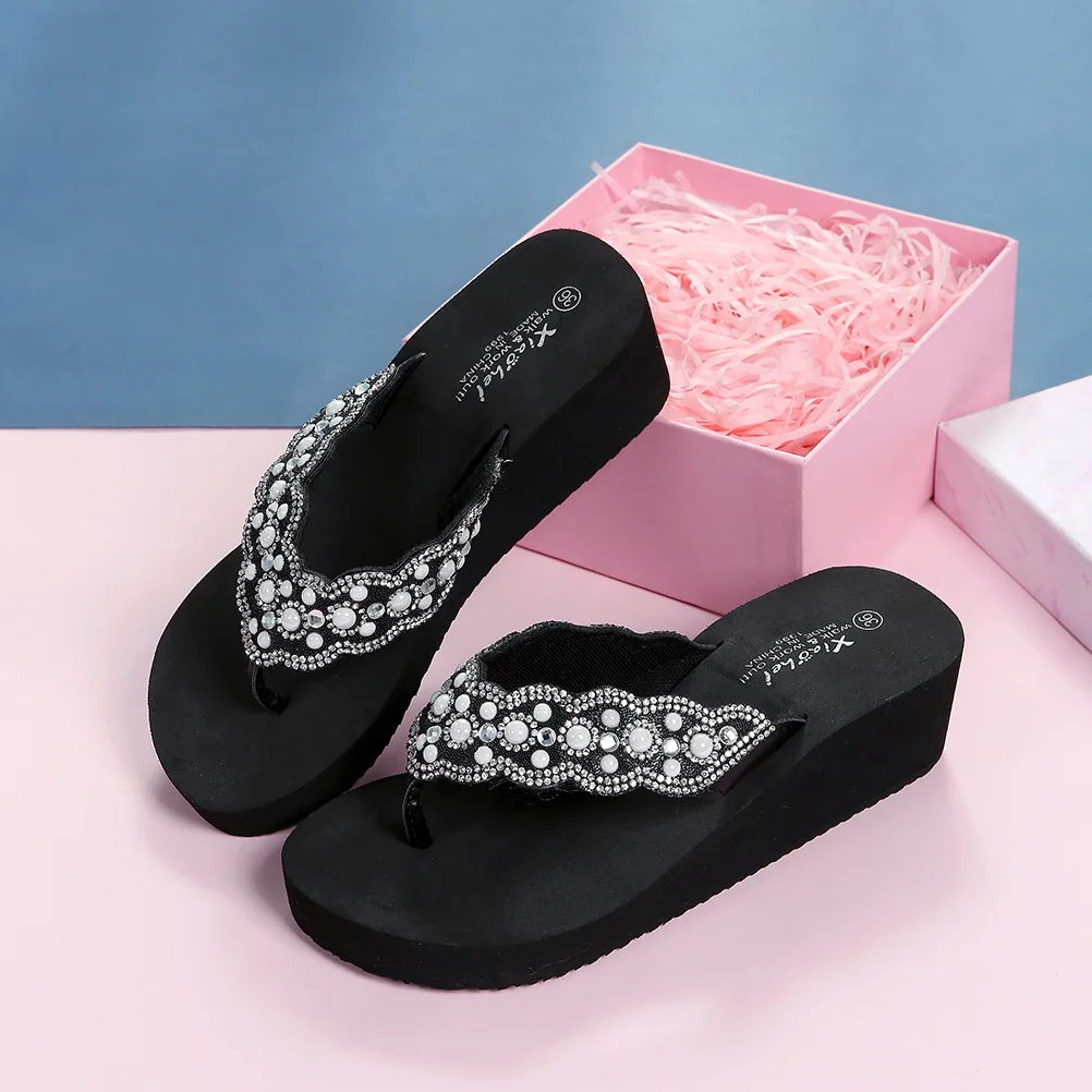 

Rhinestone Beach Shoes Women Summer Sandals Black Eva Sole Non Slip Flops Ladies Comfortable Outdoor Shoes Anti Slip Design Long