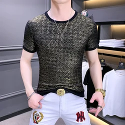 Velour Stretchy Premium Short Sleeved T Shirt For Men Slim Fit Summer High Quality Soft Comfortable Bronzing Camisetas De Hombre