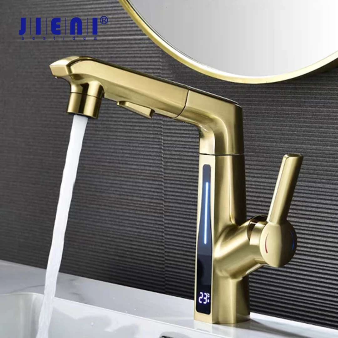 

JIENI Brushed Gold Bathroom Sink Faucets 360 Swivel Pull Out Hot Cold Mixer Tap LED Temperature Display 3 Modes Washbasin Faucet