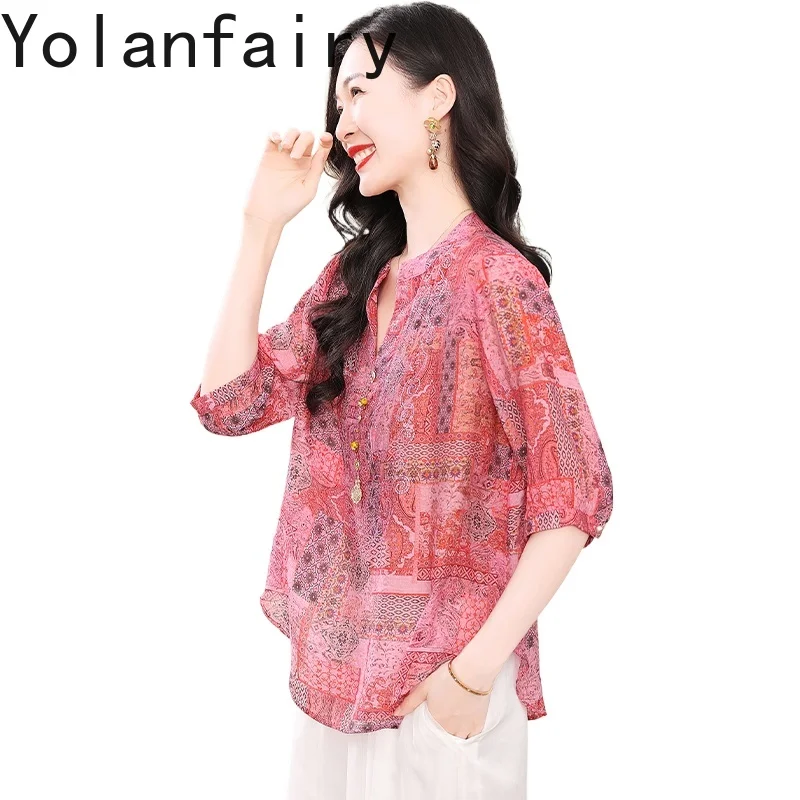 

YOLANFAIRY 72% лиоцелловые 28% нейлоновые блузки для женщин, летние винтажные женские футболки, повседневные женские топы и блузки, розовые рубашки женские