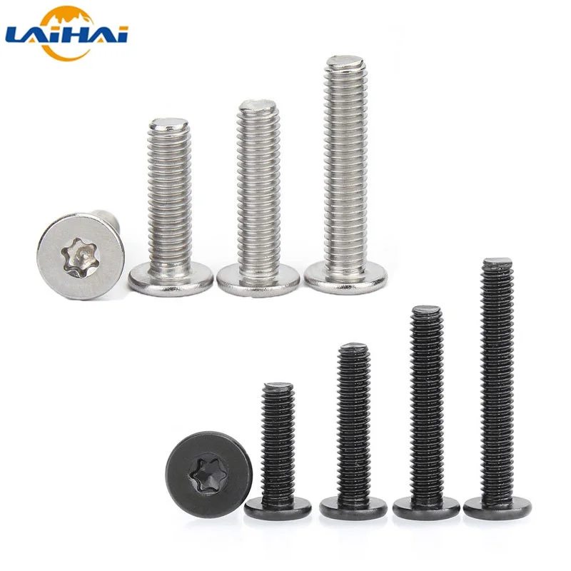 Perno de tornillo de cabeza de oblea plana ultrafina, chapado en acero inoxidable 304 Zinc negro, M2, M2.5, M3, M4, M5, M6 CM, Torx, seis lóbulo, 10, 20, 50 piezas