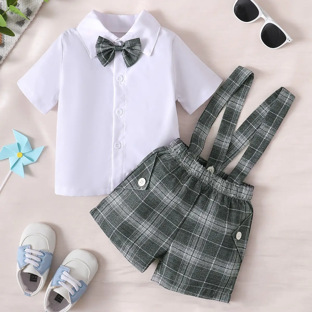 6-to 36-month-old newborn baby boys summer white lapel cardigan short-sleeved tie with plaid suspenders shorts gentleman suit