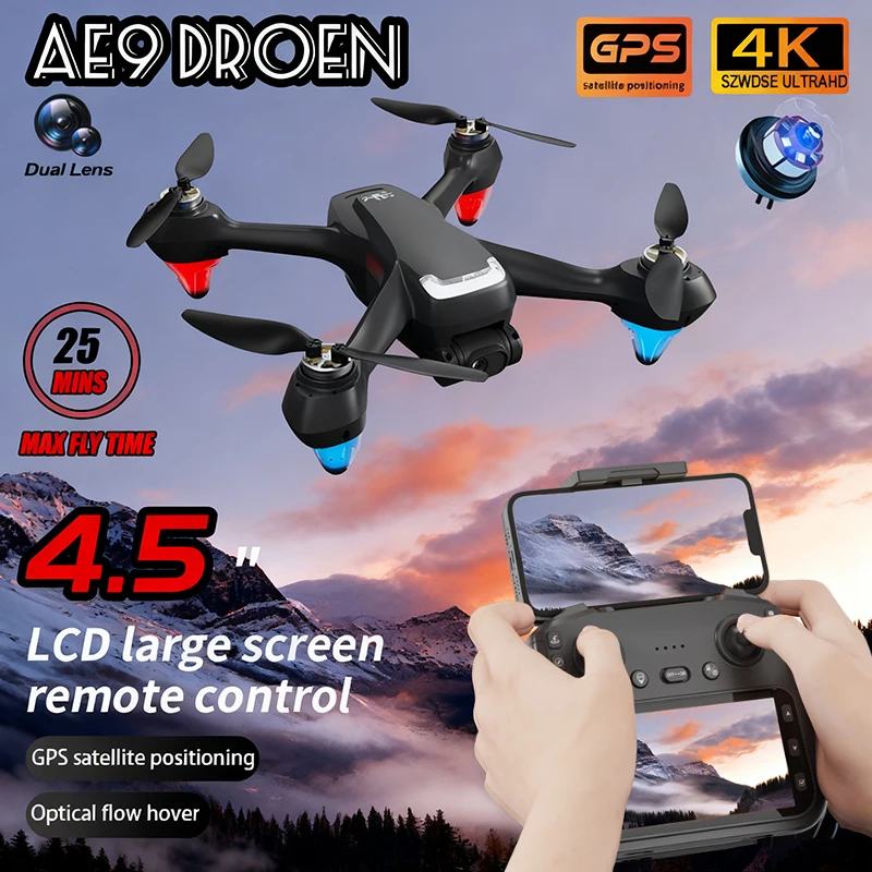 

AE9 GPS Drone 4K Professional HD Camera Aerial 5G WIFI FPV Brushless Optical Flow with Large Screen Remote Control Quadcopter