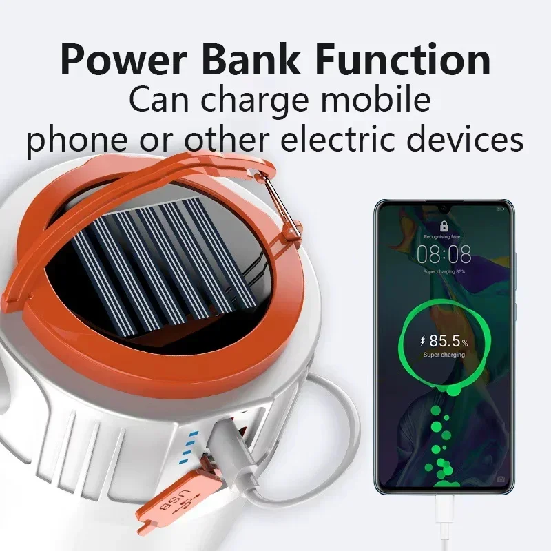 

Солнечный светодиодный фонарь для кемпинга, 6 режимов, USB-перезаряжаемый, суперяркий, подвесной, аварийный, с функцией Power Bank для палаток, барбекю и активного отдыха