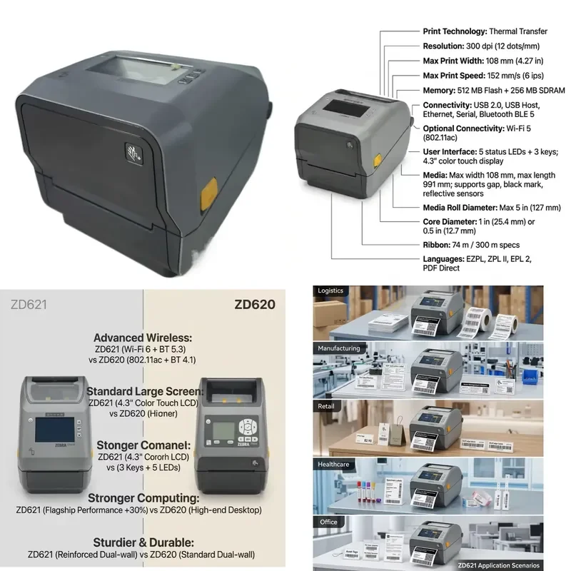 

ZD621R UHF RFID Label Printer for Desktop 300dpi Thermal Transfer Label Encoder Supporting EPC C1 Gen2 and ISO 18000-6C with