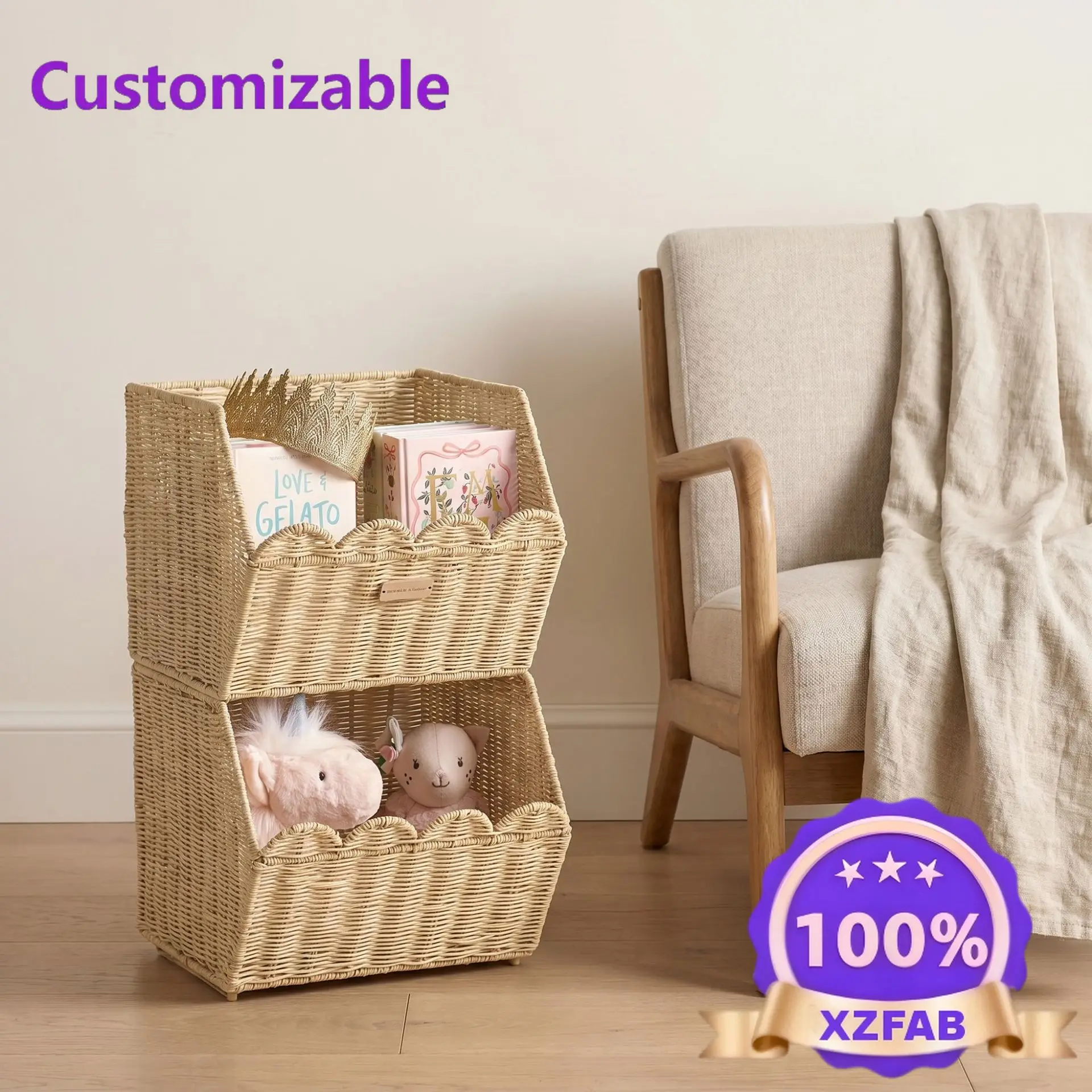 Factory Direct 2026 Handmade rattan desktop storage box, large capacity can be stacked, portable storage basket, snack sundries