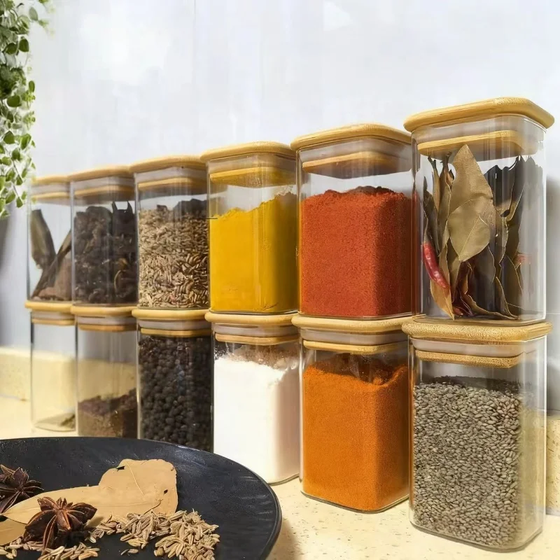1/4/6/8/12Pcs - Square Food Storage Containers, Kitchen Spice Glass Jars, Transparent Glass Jar Set, Square Wide-Mouth Glass Storage Containers, Glass Sealed Jars, Coffee Bean Storage Containers, for Kitchen Spices, Grains, Sugar, Cookies, Dried Fruits, Flour, Kitchen Table Organization and Storage Supplies, Stackable, Party Wedding Holiday Gifts