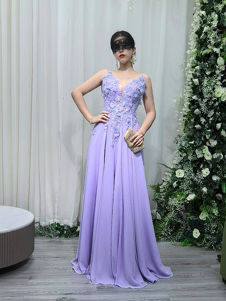 Luxury Lavender Evening Dress Embroidery Flower Custom Prom Suspenders Dress Sexy V Neck For Women Quinceanera Graduation YM33