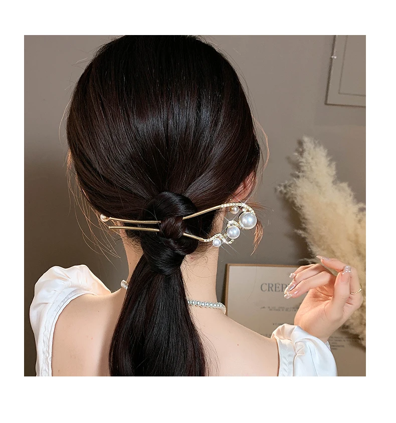 VANIKA Neue modische U-förmige Haarspangen aus Metall, elegante Perlen-Pferdeschwanz-Haarnadeln für Damen, schlichte Haarspangen, Kopfschmuck, Haaraccessoires – Detail 12