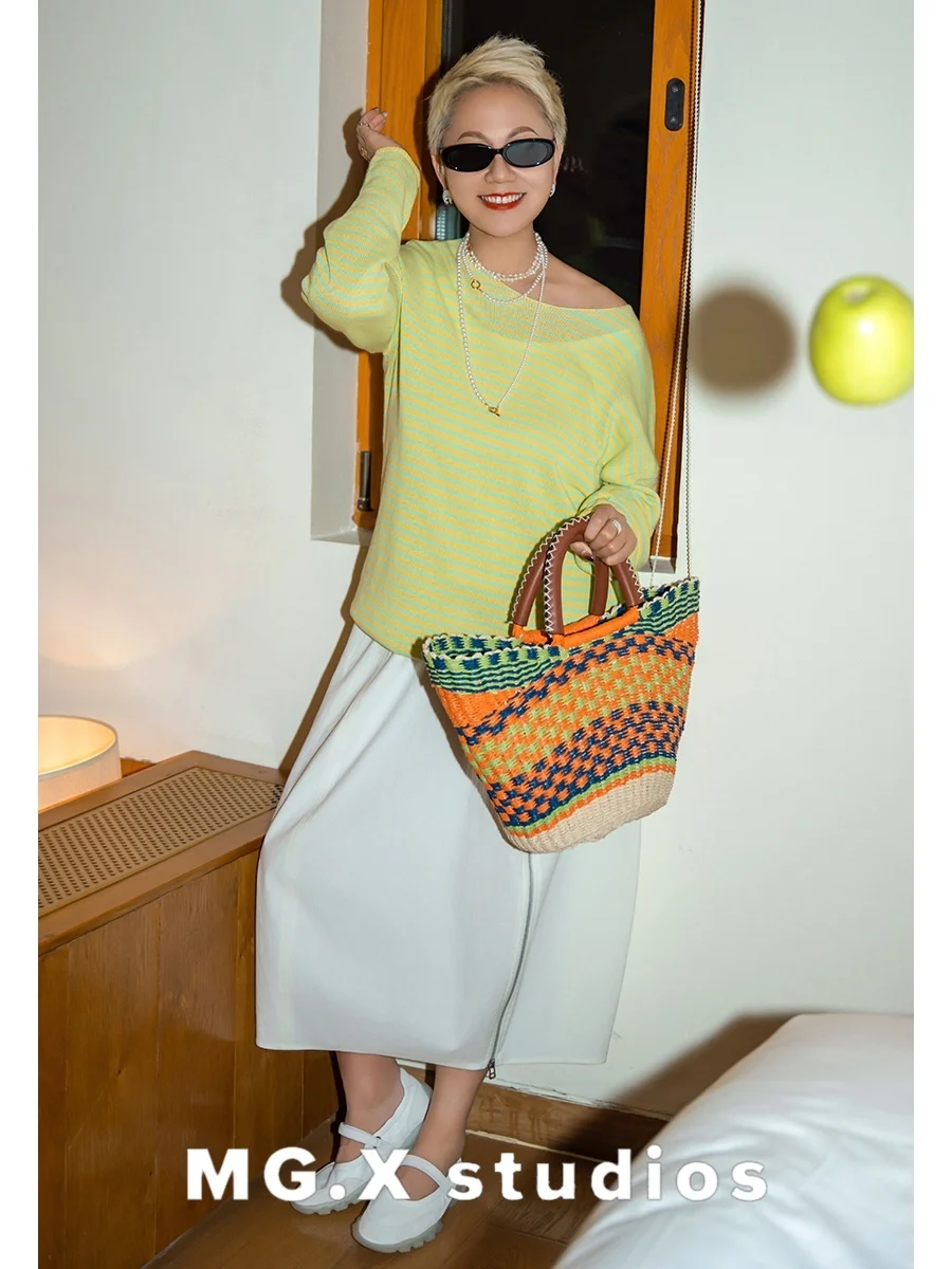 

Женский пуловер Sea Breeze Letter MGX с полосками, универсальный простой трикотажный джемпер с круглым вырезом, модный повседневный полосатый топ Весна 2026