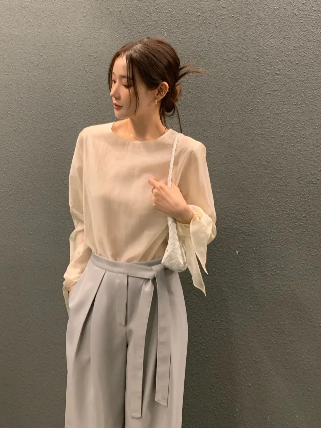 

Ele Women's irt Knot Design Lightweight Luxury Anti-Aging Trendy Tea Aroma Top Sli Blouse Korean Sle