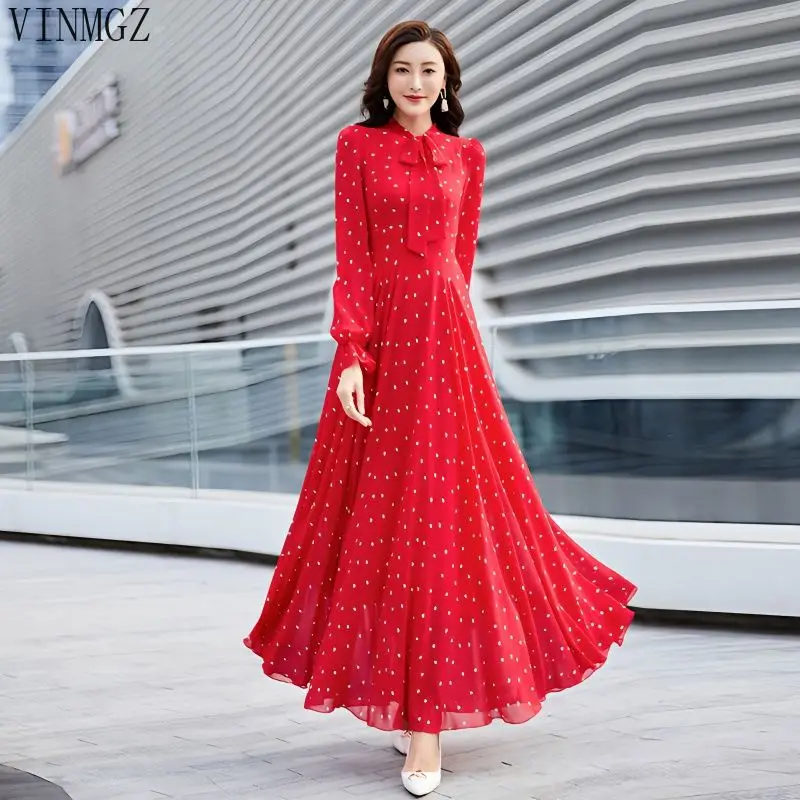 

Early spring new chiffon long-sleeved printed bohemian dress super fairy beach travel long swing dress