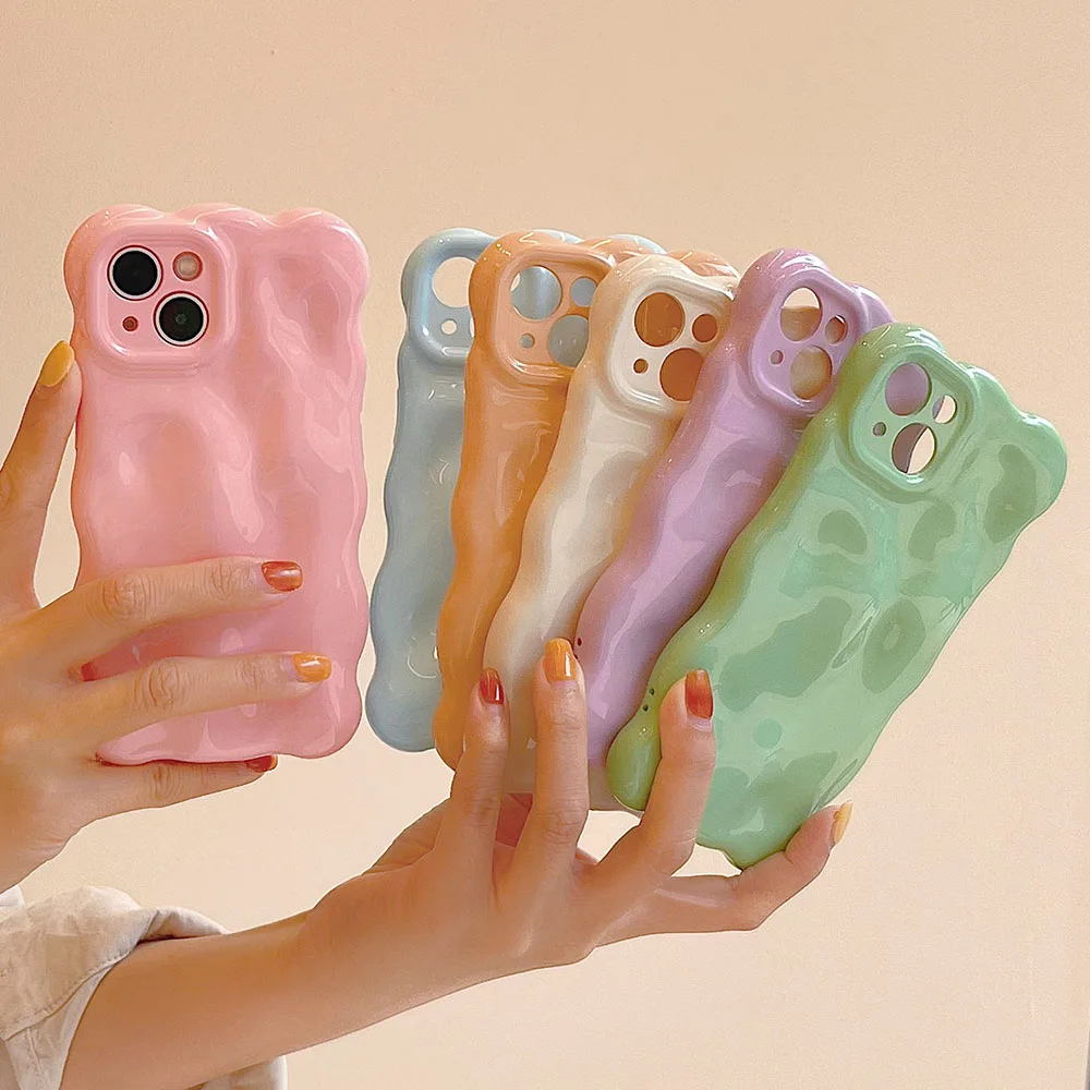 Korean 3D Meteorite Cute Candy Solid Color Phone Bumper Case For iPhone 16 15 14 13 12 11 Pro Max Glossy Lens Shockproof Cover