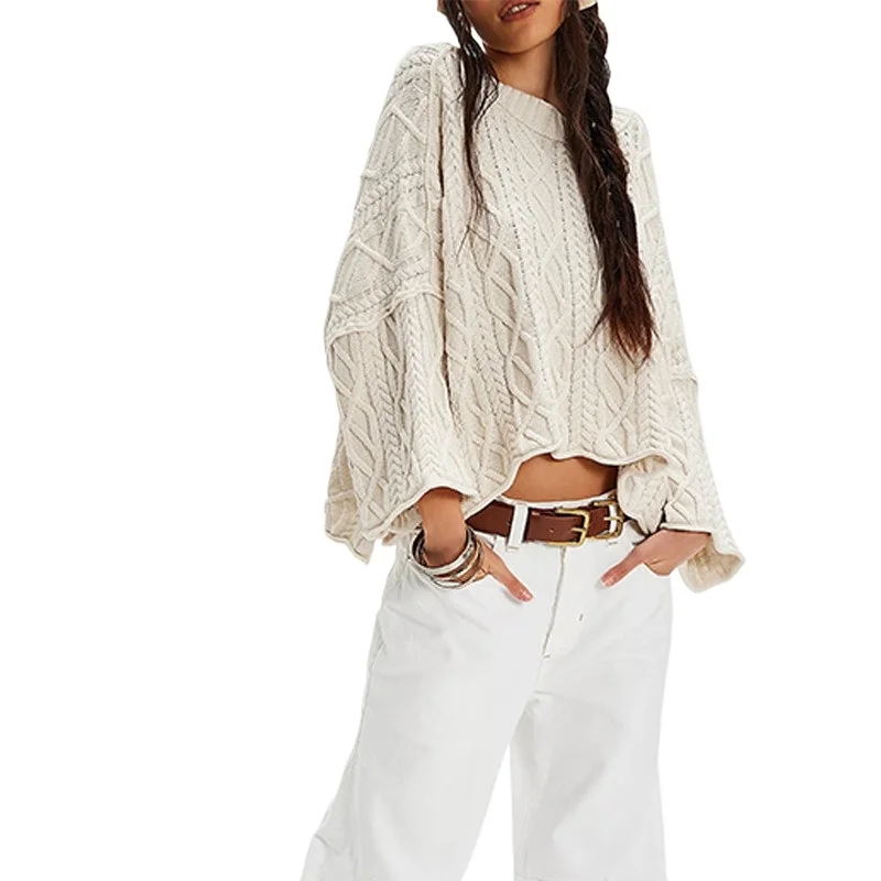 

Round neck Fried Dough Twists tops loose solid knit sweater short pullover