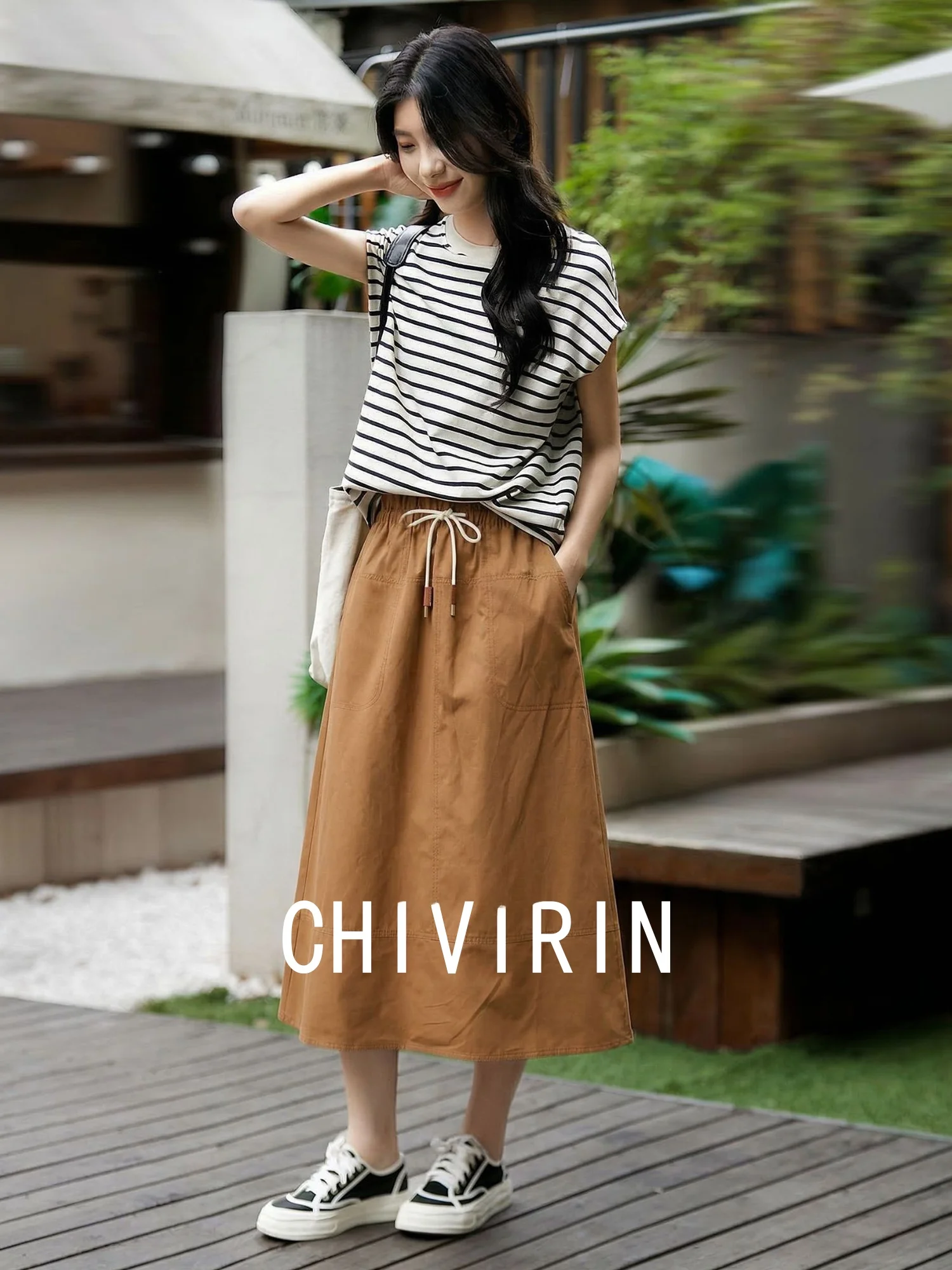 

Юбка миди Chivirin из чистого хлопка с высокой талией и поясом, женская летняя универсальная юбка простого стиля для повседневной носки