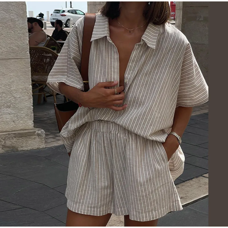 

2025 Summer New Casual Striped Lace Up Women Shorts Suits Lapel Half Sleeve Single Breasted Shirt Wide Leg Shorts Chic Lady Sets