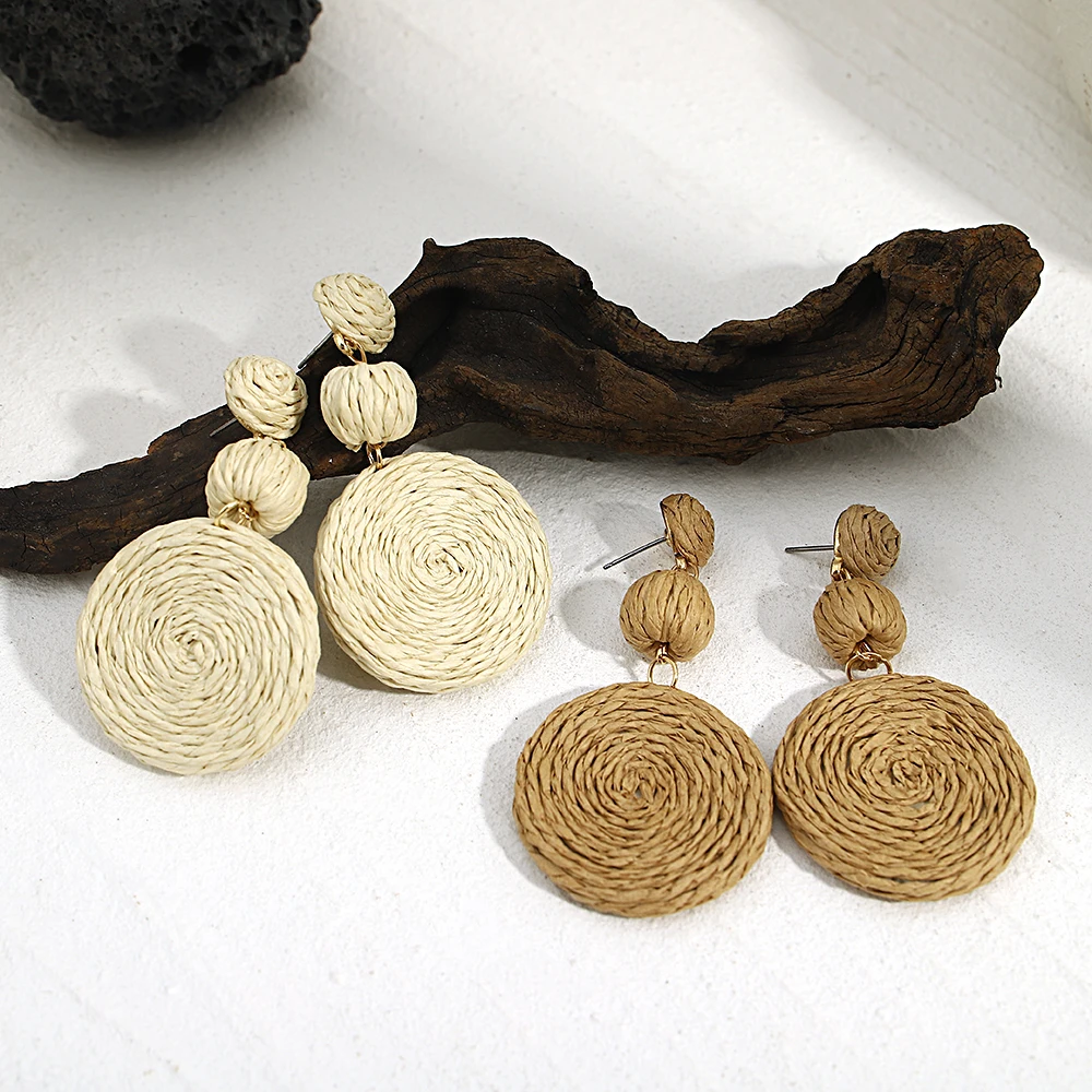 Boho Yellow Raffia Round Drop Earrings for Women