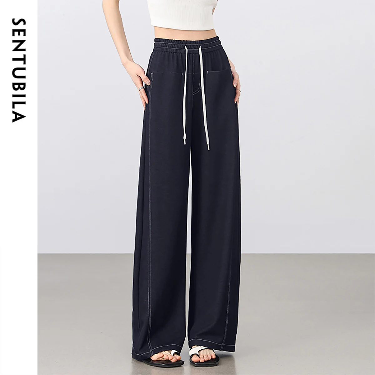 

SENTUBILA Sickle Pants Women 2025 Summer Contrast Color Stitching Commuter Trousers High Waist Loose Clothing Female 152K80376