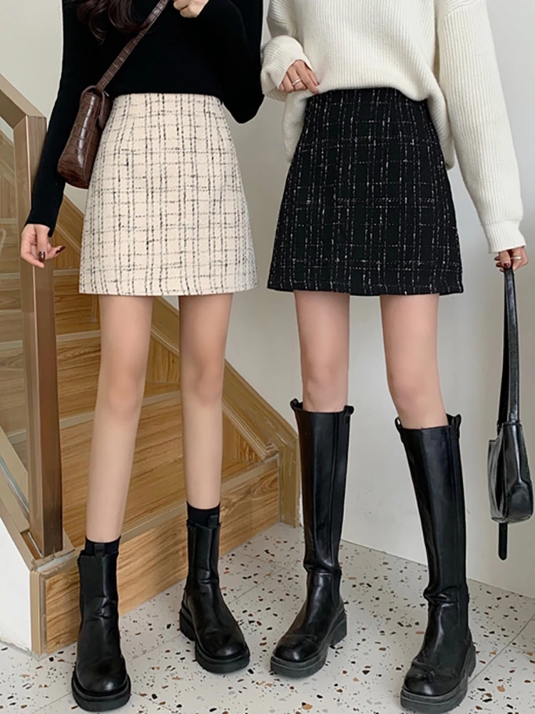 

Новая женская твидовая юбка с высокой талией, весна-осень, большие размеры, А-силуэт, укороченная, стройнящая, модная