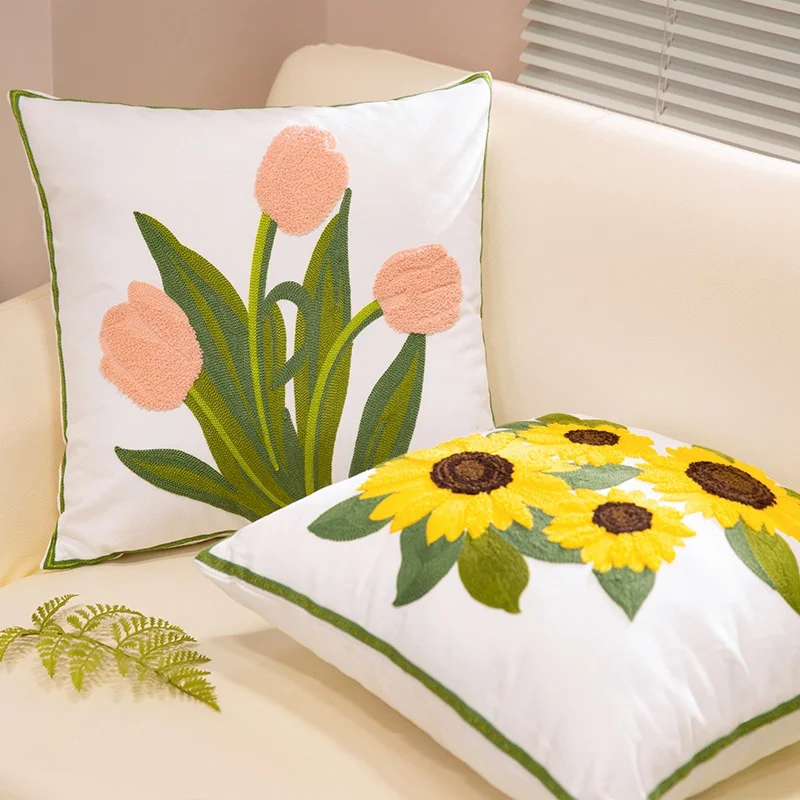 Oreiller en peluche pour maison rurale, 45CM, tournesol, tulipe, tortues, feuilles, Bouquet, sieste douce, coussin de canapé, Style pastoral, cadeaux de fête