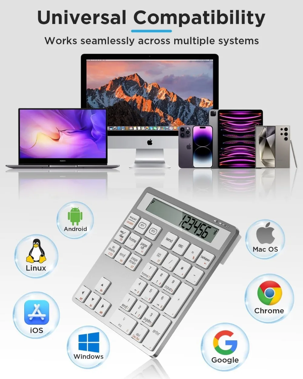 لوحة مفاتيح أرقام لاسلكية قابلة لإعادة الشحن مع بلوتوث مزدوج، شاشة آلة حاسبة مكونة من 34 مفتاحًا لجهاز Windows Mac PC Tablet #3
