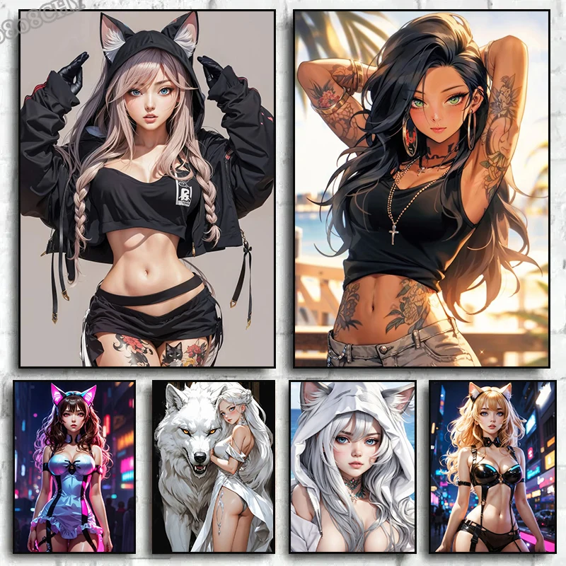 Hot Sexy Anime Beach Girl Canvas Posters and Prints Beautiful Manga Girl Canvas Painting Wall Art Pictures for Home Room Decor