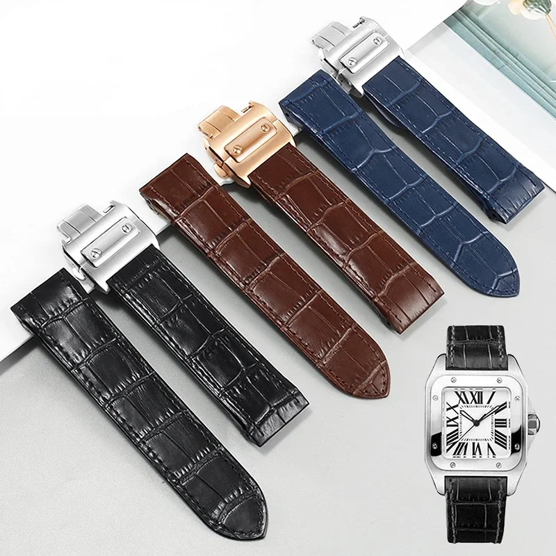 Genuine Leather Watch Band for Cartier Sandoz Strap Santos100 Men\'s  Women\'s Folding Buckle Strap