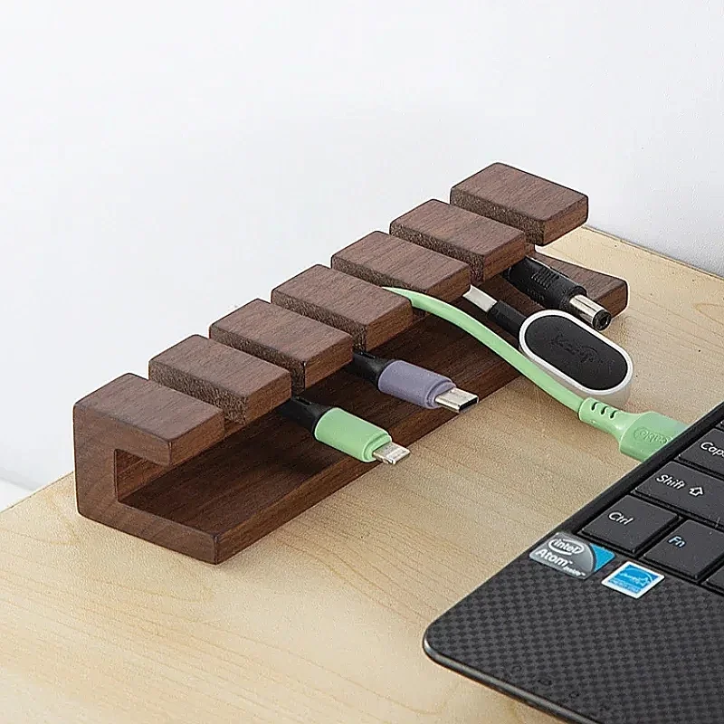 Solid Wood USB Cable Organizer Desk Cord Holder Charging Wire Management Stand
