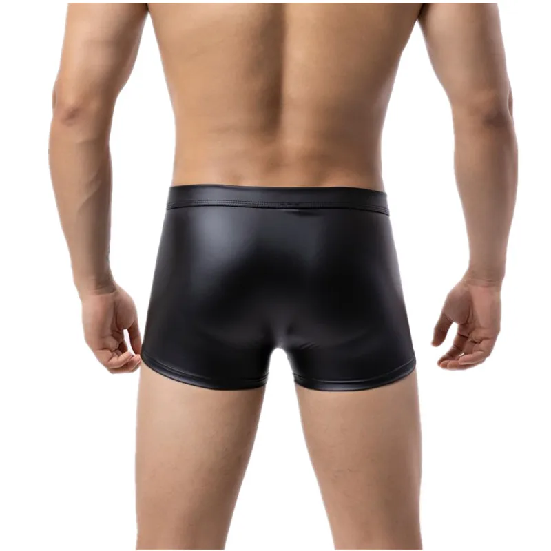 Mens Underwear Black Faux Leather Boxers Shorts Homme Ring Lingeries Man Panties U Convex Pouch Underpants Cueca Calzoncillo