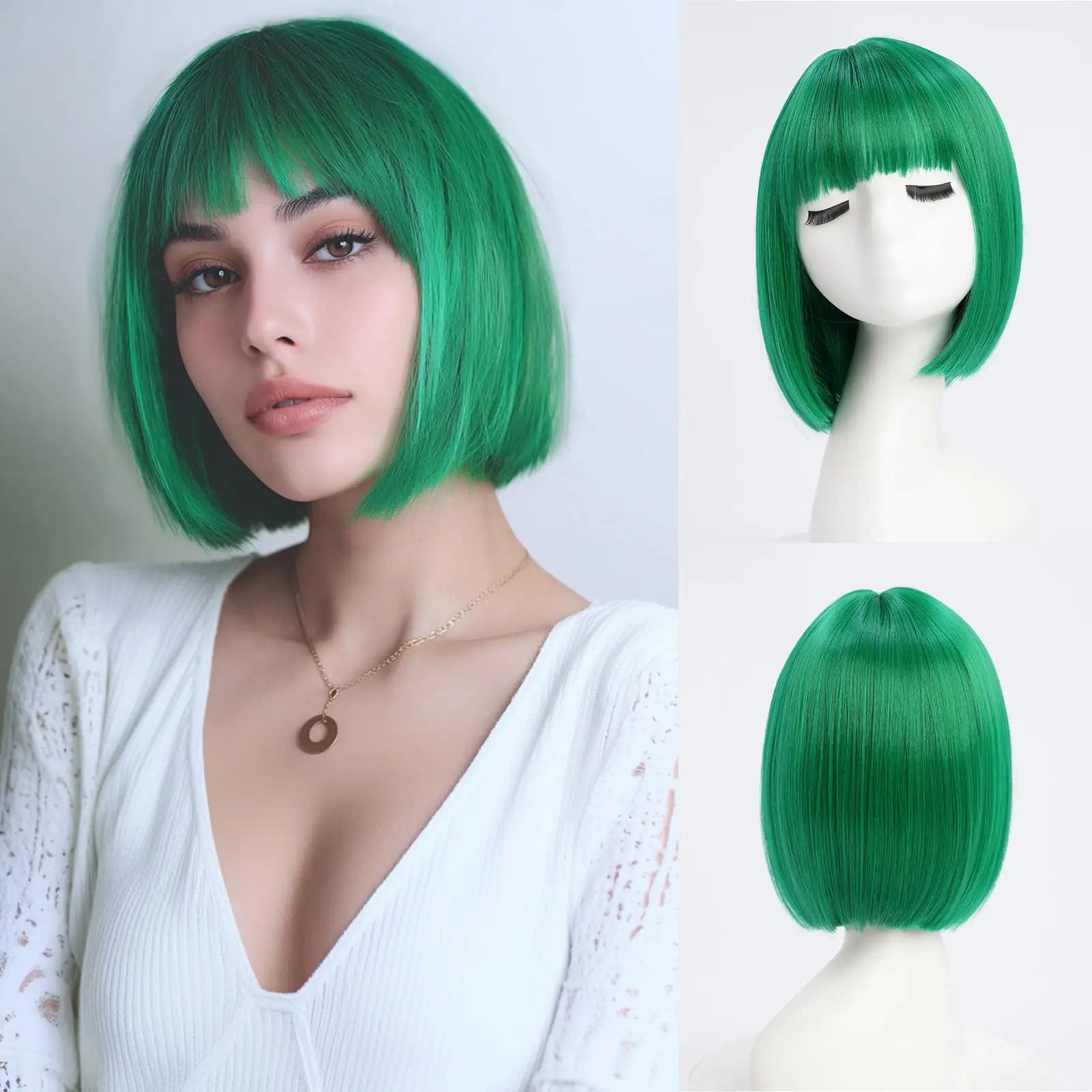 Green fashion short bob hairstyle synthetic wig for Halloween party cosplay role-playing wig daily wig hot wire wig set