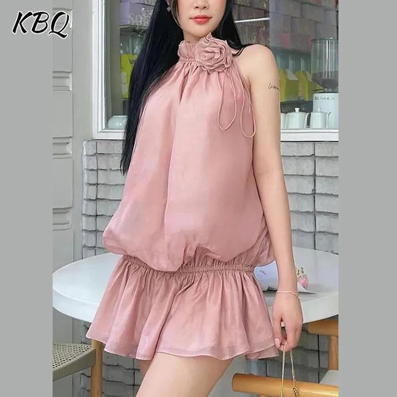 

KBQ Solid Spliced Appliques Dress For Women Stand Collar Sleeveless High Waist Patchwork Lace Up Casual Dresses Female Fashion