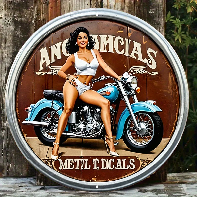 1pc Retro Round Aluminum Sign, Motorcycle and Pin-Up Girl Design, 8-Inch Vintage Metal Tin Wall Decor for Home, Garage, Cafe - A