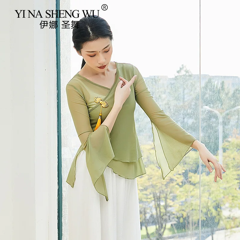 Women Classical Dance Practice Clothes Elegant Ancient Shirt Rhyme Gauze Top Folk Dance Costume Solid Color Long Sleeve Tops New