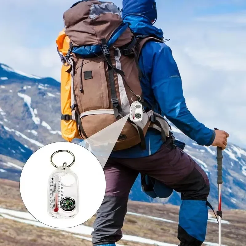 2pcs Three In One Compass Thermometer Keychains Mini Portable Precise Accurate Mountain Outdoor Camping Travel Adventure Tools