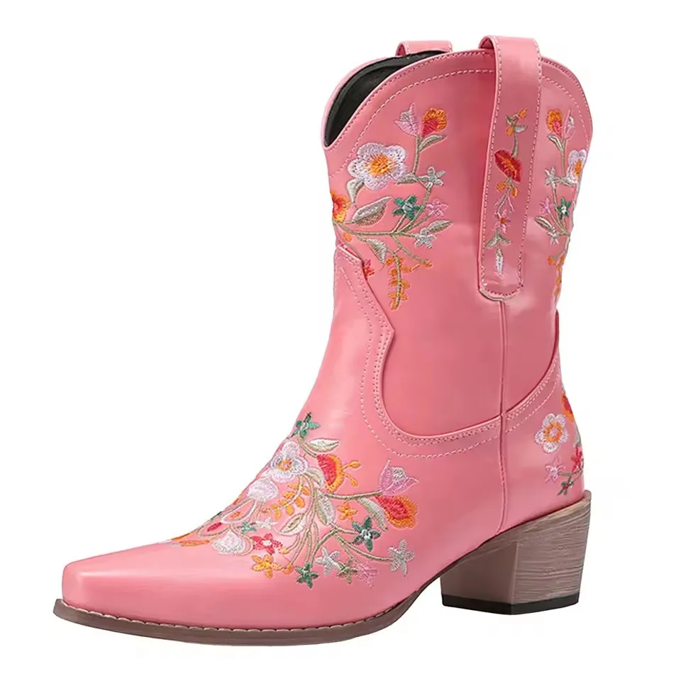 

Ботильоны с принтом в стиле ретро, кожаные женские ботильоны, повседневная женская обувь на высоком каблуке с вышивкой, винтажная женская обувь на молнии