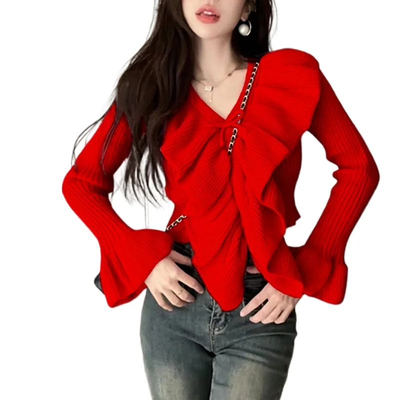 

Sweet Spice Girl, нежный ветер, дизайн с краями листьев лотоса, вязаный свитер, женский осенне-зимний новый универсальный нишевый женский топ