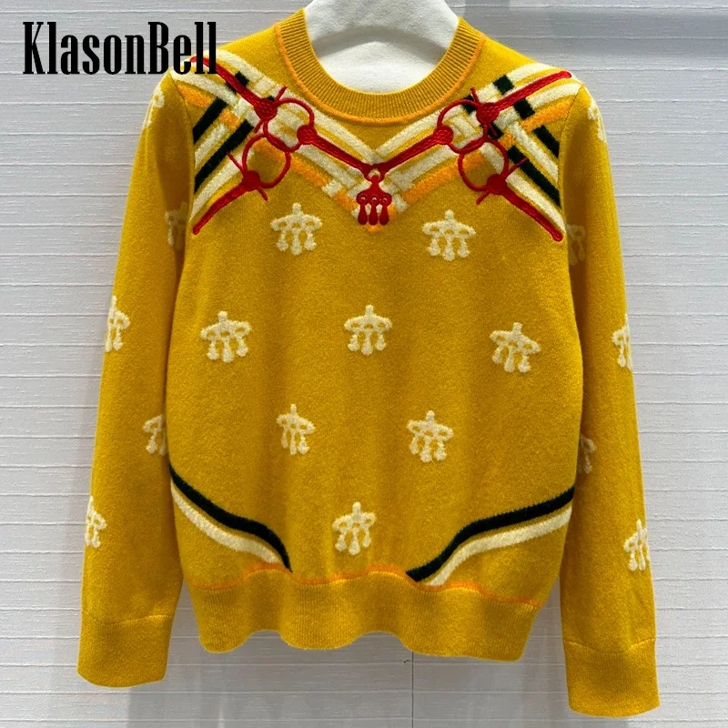 

8.9 KlasonBell Women Lock Ring Embroidery Long Sleeve Wool Cashmere Knitwear Contrast Color Jacquard Print All-match Sweater