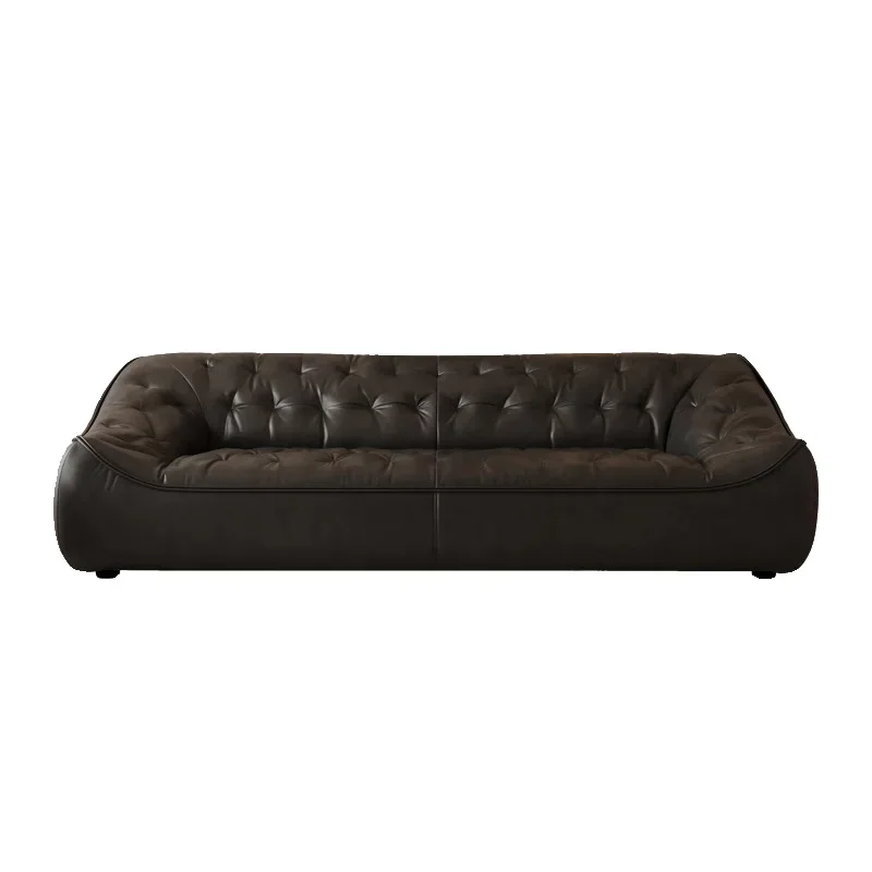 

Retro full oil wax leather bean bag sofa antique living room straight row three retro first layer cowhide sofa
